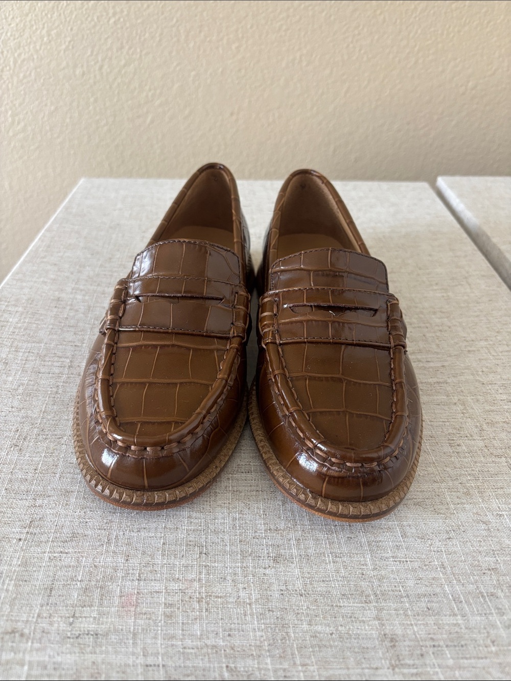 Freda Salvador Brown Croc-Embossed Leather Penny Loafers